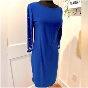 Nik and Nash NEW long sleeve midi dress royal blue pearl accents women’s Small